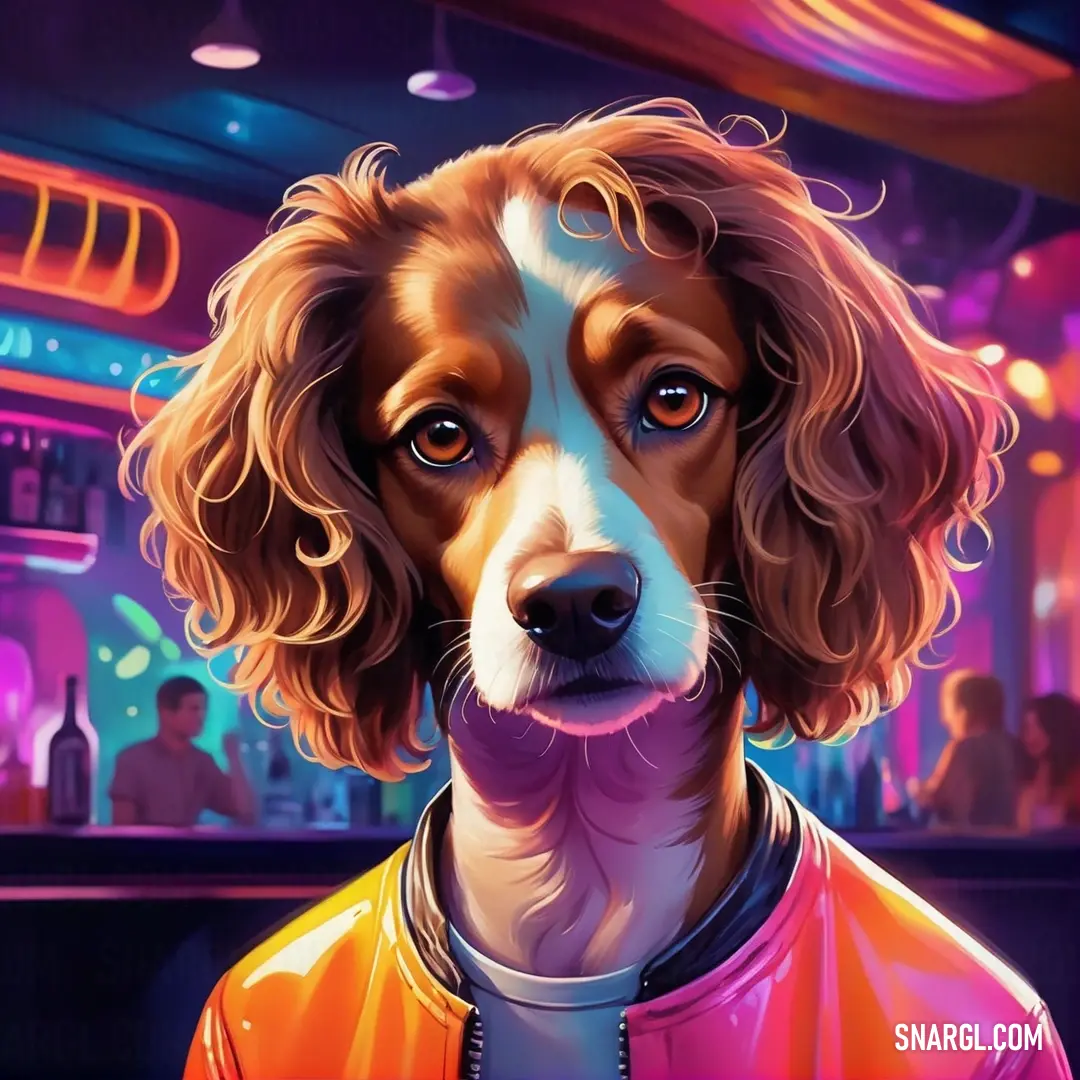 Dog with a leather jacket on in a bar with a neon background. Example of CMYK 0,67,70,60 color.