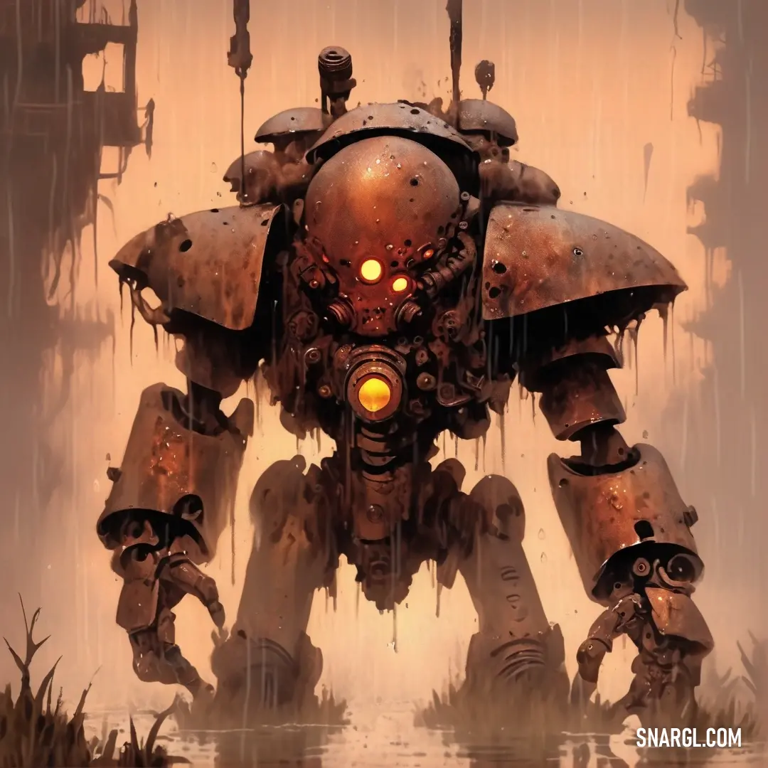 Giant robot standing in the rain with a light on its face and a lot of water around it. Color #71402A.