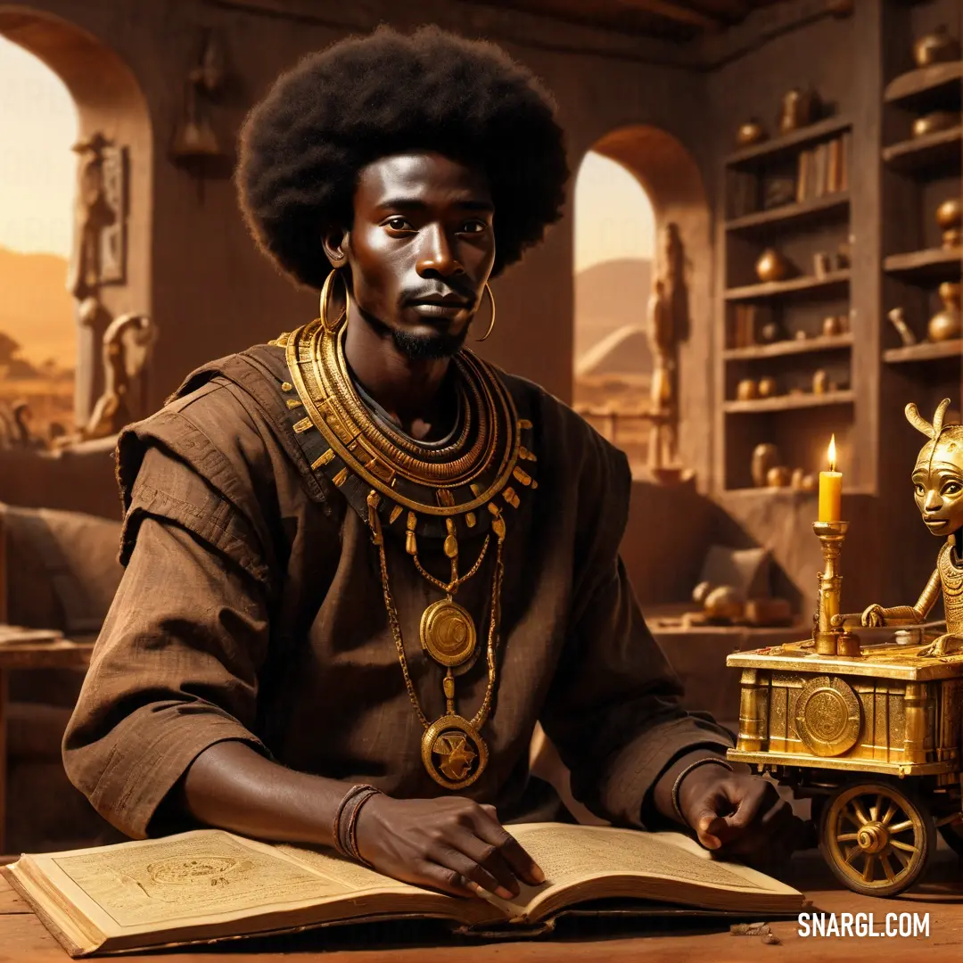 Man with a black afro at a table with a book and a golden statue of a lion. Color CMYK 0,57,69,66.