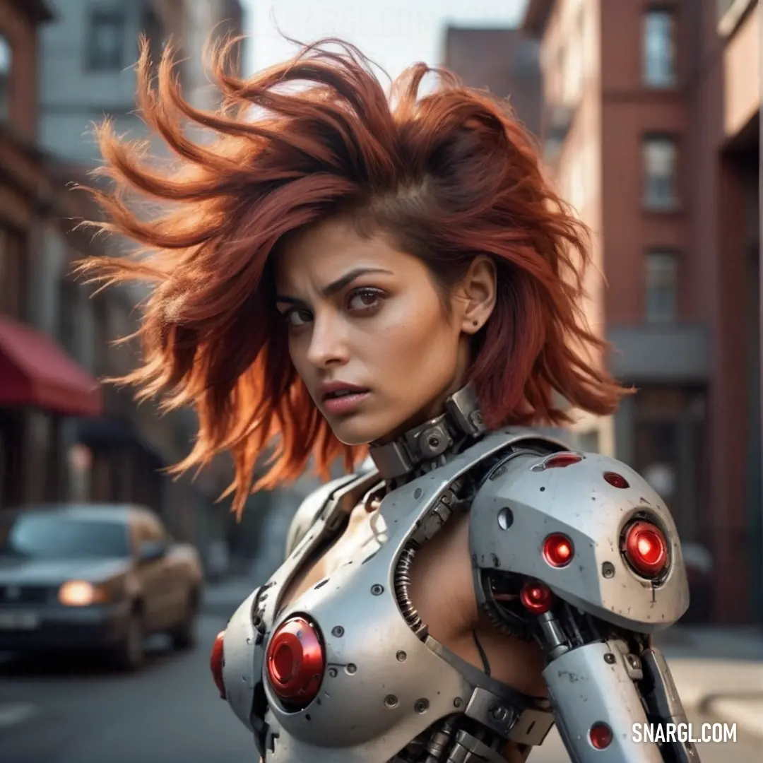 Woman with red hair and a futuristic suit on a city street with a car in the background. Example of RGB 78,43,31 color.