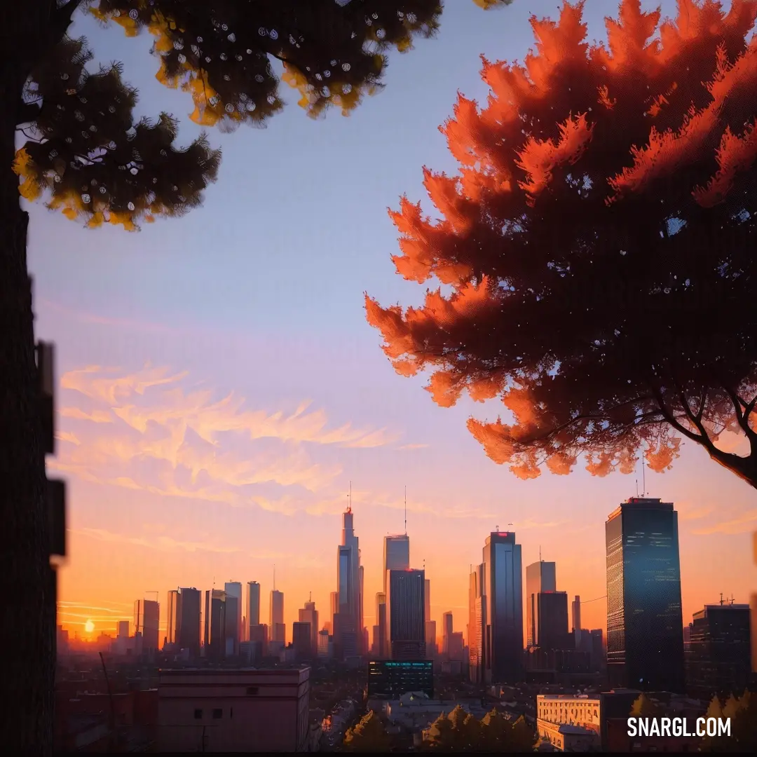 City skyline with a red tree in the foreground. Color RGB 209,72,37.