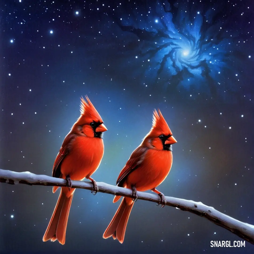 Two red birds on a branch in front of a blue sky with stars and a spiral object in the background. Color PANTONE 7597.