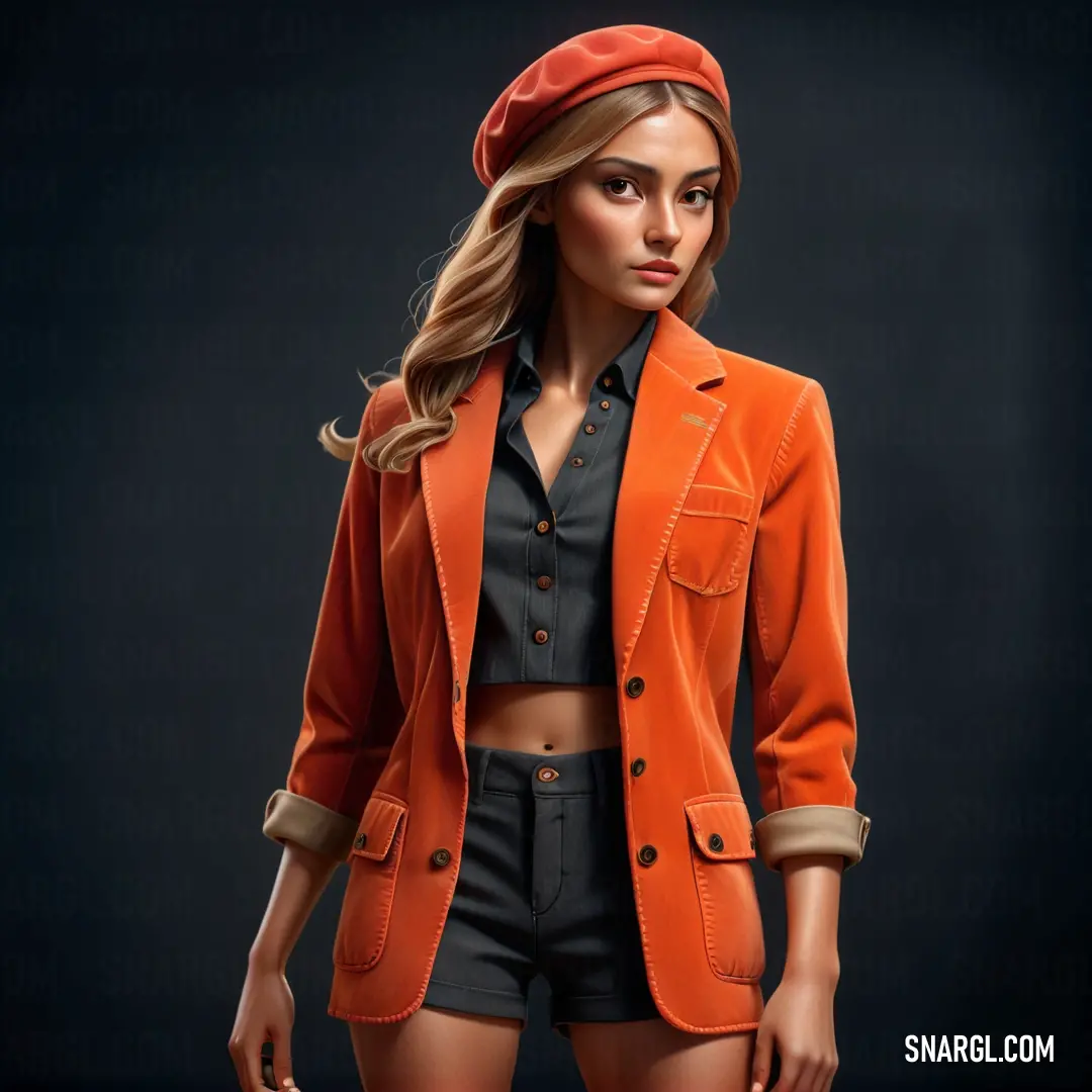 Woman in an orange jacket and shorts is standing in front of a black background. Example of CMYK 0,85,100,4 color.