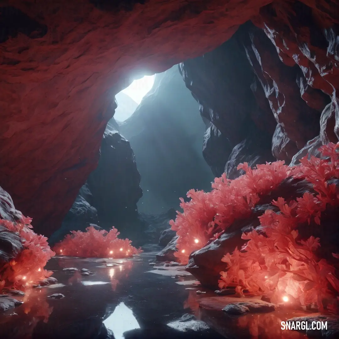 Cave with a stream of water and red plants growing out of it's sides and a light coming from the entrance. Color PANTONE 7599.