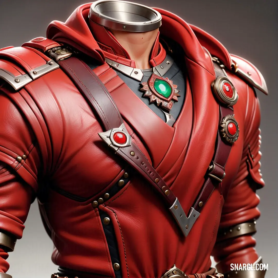 Man in a red leather outfit with a metal belt and a green jewel on his chest and chest. Example of #BB4628 color.