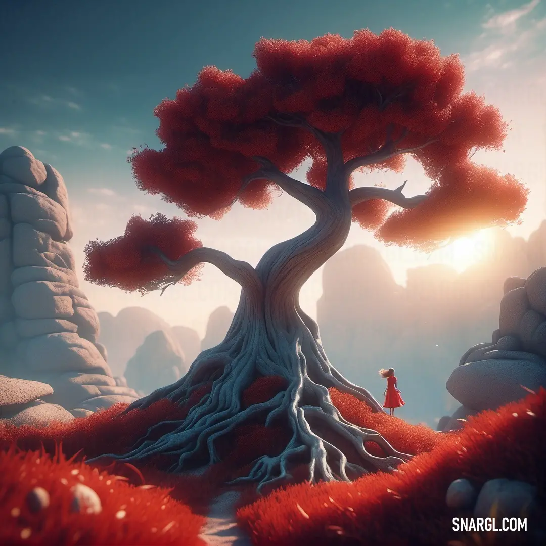 Painting of a tree with a person standing in the distance in the distance is a rocky landscape with a red tree