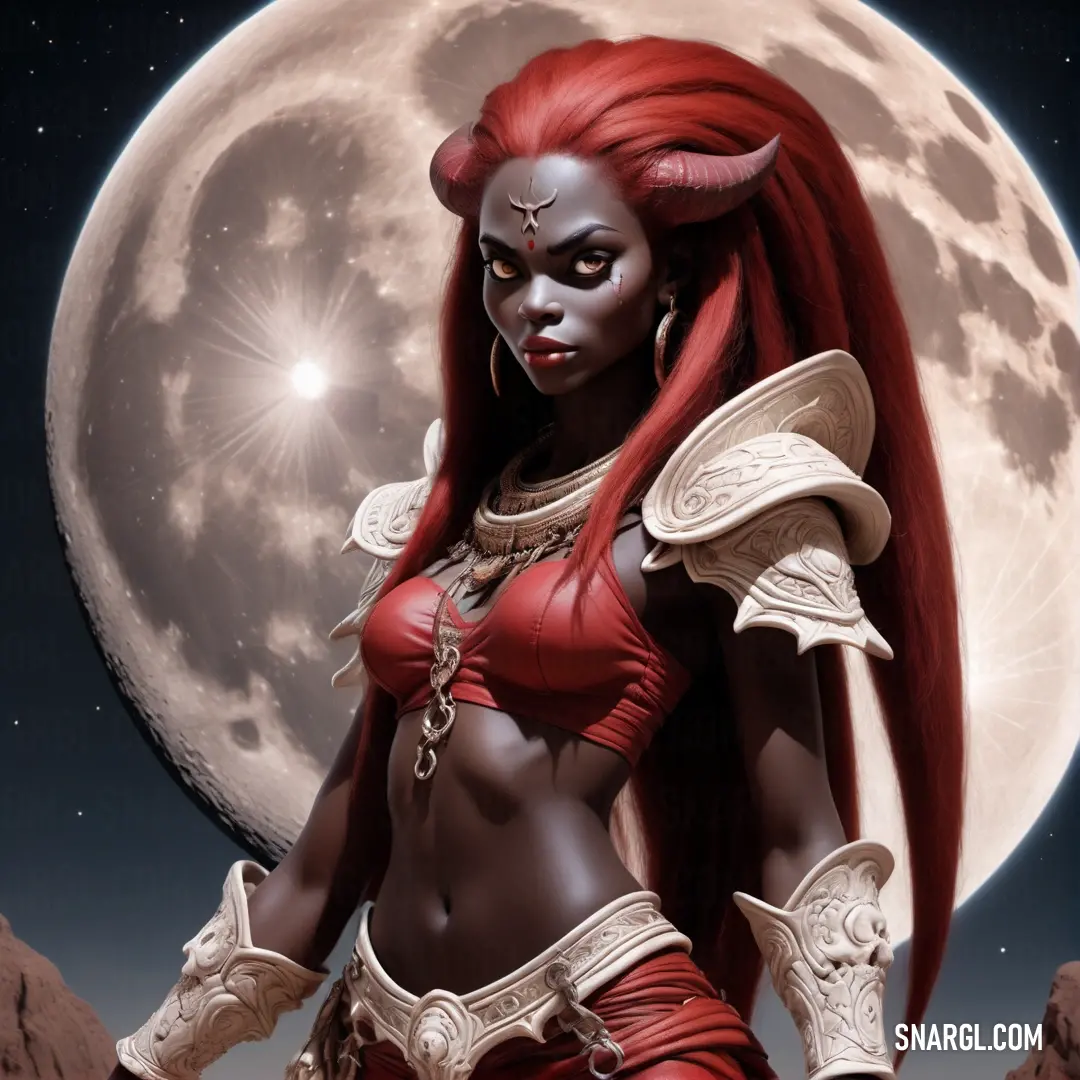 Woman with red hair and horns standing in front of a full moon with a sword in her hand. Color PANTONE 7599.