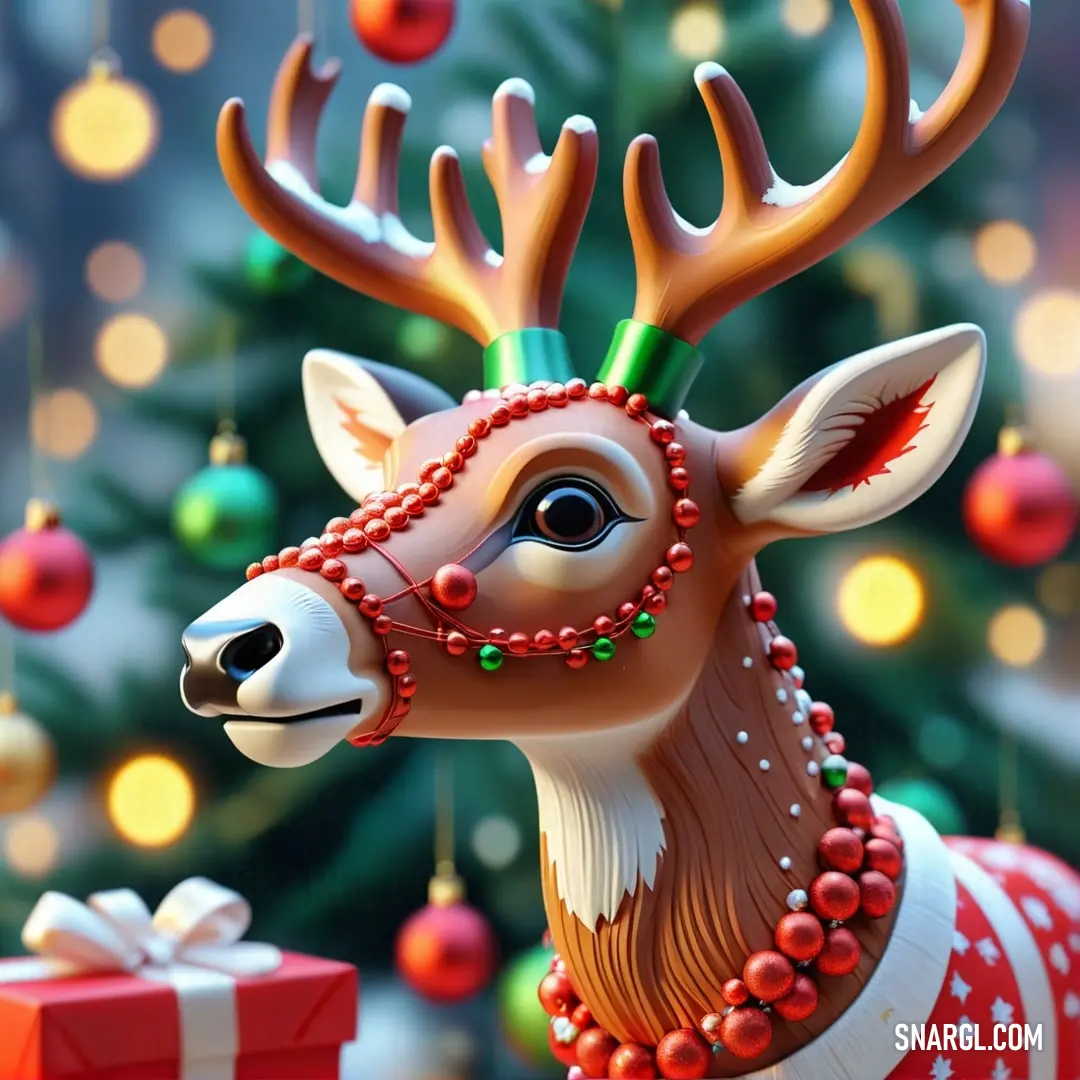 Christmas deer with a red and green headband and a gift box in front of a christmas tree. Example of PANTONE 7601 color.