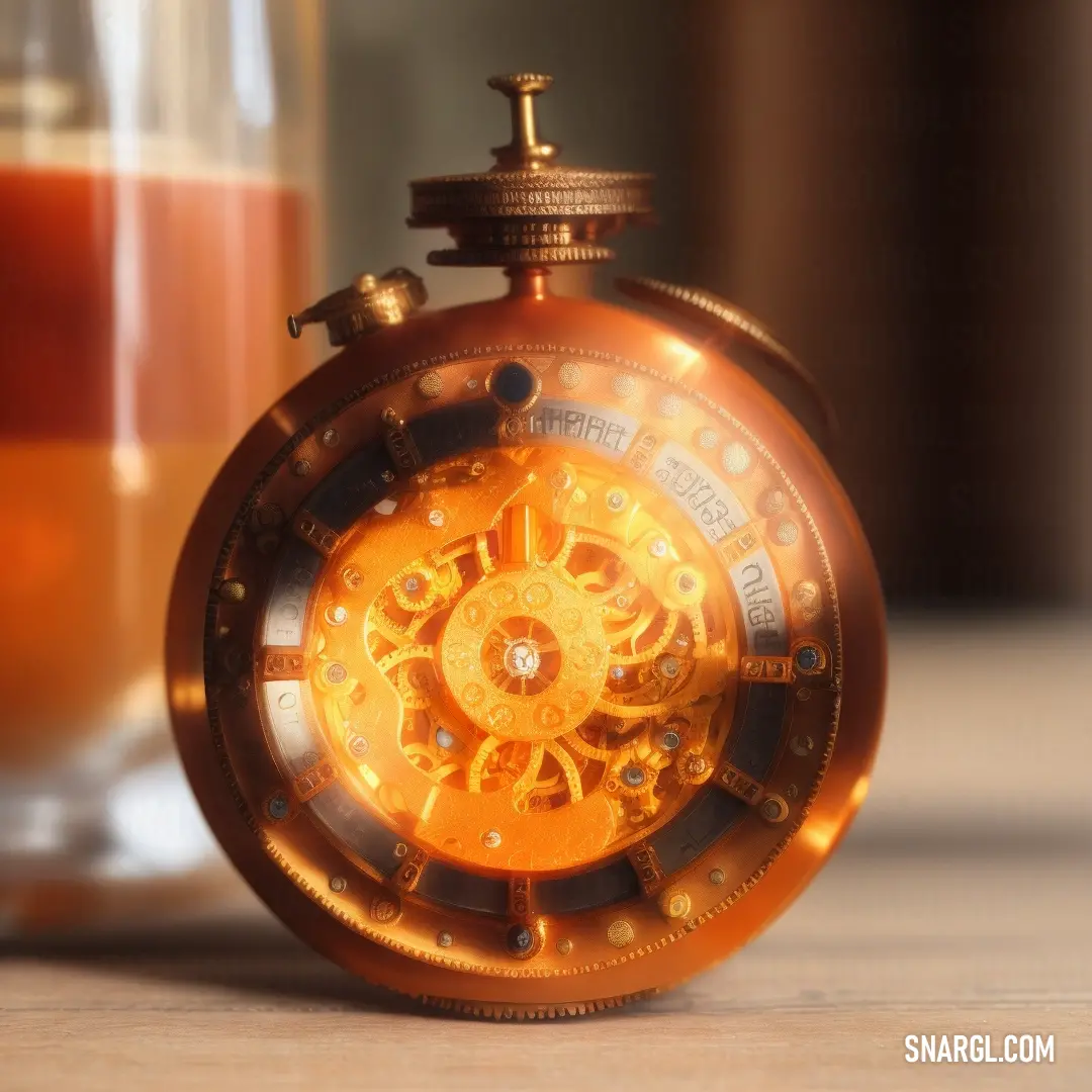 Close up of a small orange pocket watch on a table next to a glass of orange juice and a bottle. Example of CMYK 11,68,95,62 color.