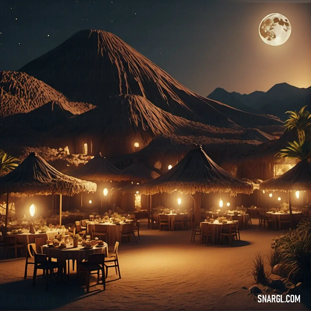 Night scene of a desert with a full moon and a mountain in the background. Example of RGB 119,71,43 color.