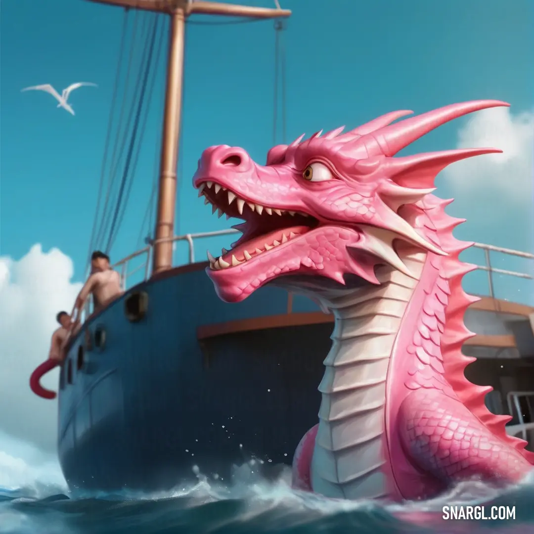 Pink dragon statue on a boat in the water with a man on it's back and a bird flying over it. Color CMYK 0,8,5,4.