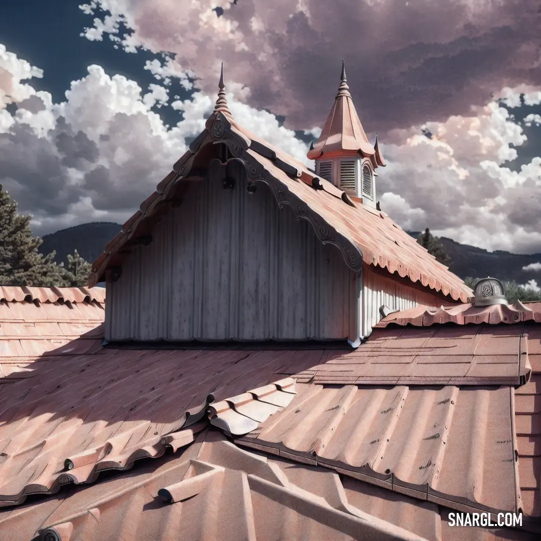 Building with a steeple and a clock tower on top of it's roof and a cloudy sky. Example of #E5C0B8 color.