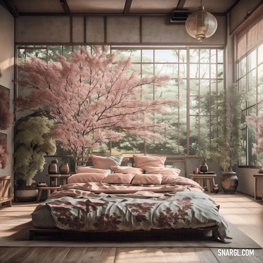 PANTONE 7605 color example: Bedroom with a large bed and a large window with a tree outside of it