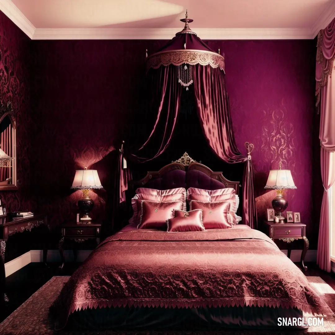 CMYK 0,41,29,6. Bed with a canopy and a pink comforter in a bedroom with purple walls and curtains and a chandelier