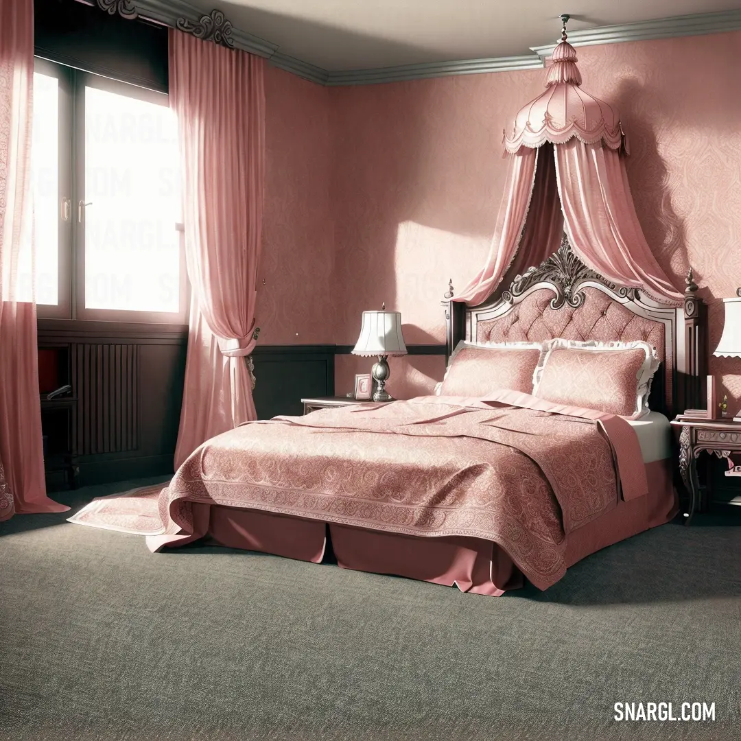RGB 218,155,143. Bedroom with a pink bed and a pink curtained window with a pink drapes