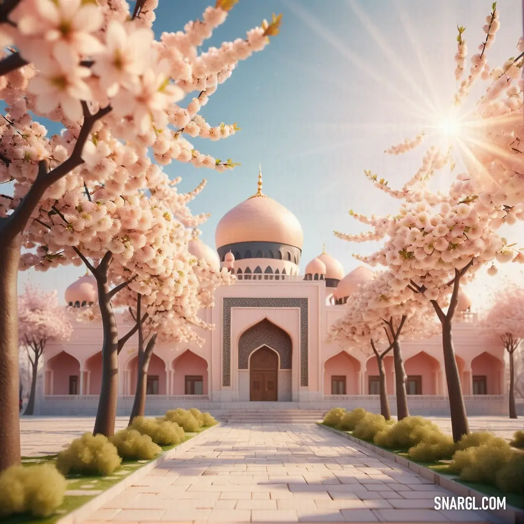 Large white building with a white dome and a walkway leading to it with trees in blooming around it. Color RGB 218,155,143.