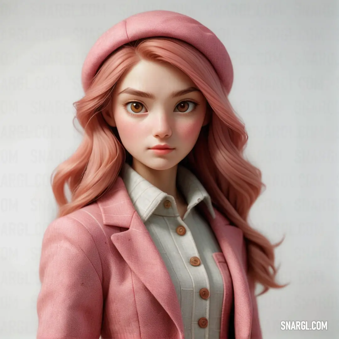Doll with pink hair and a pink hat on her head and a pink jacket on her shoulders and a white shirt. Color #C56C5F.