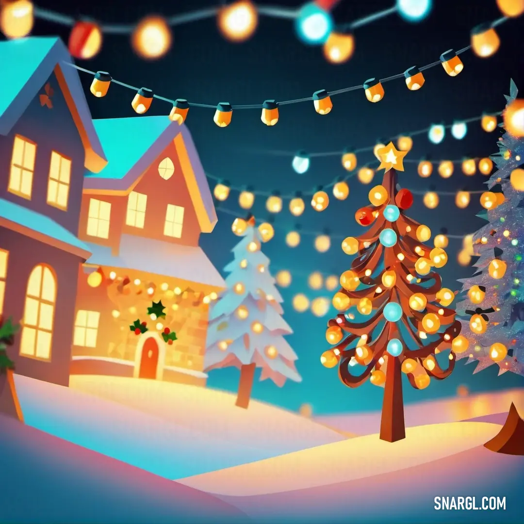 Christmas scene with a lit up tree and a house in the background. Color CMYK 0,59,49,14.