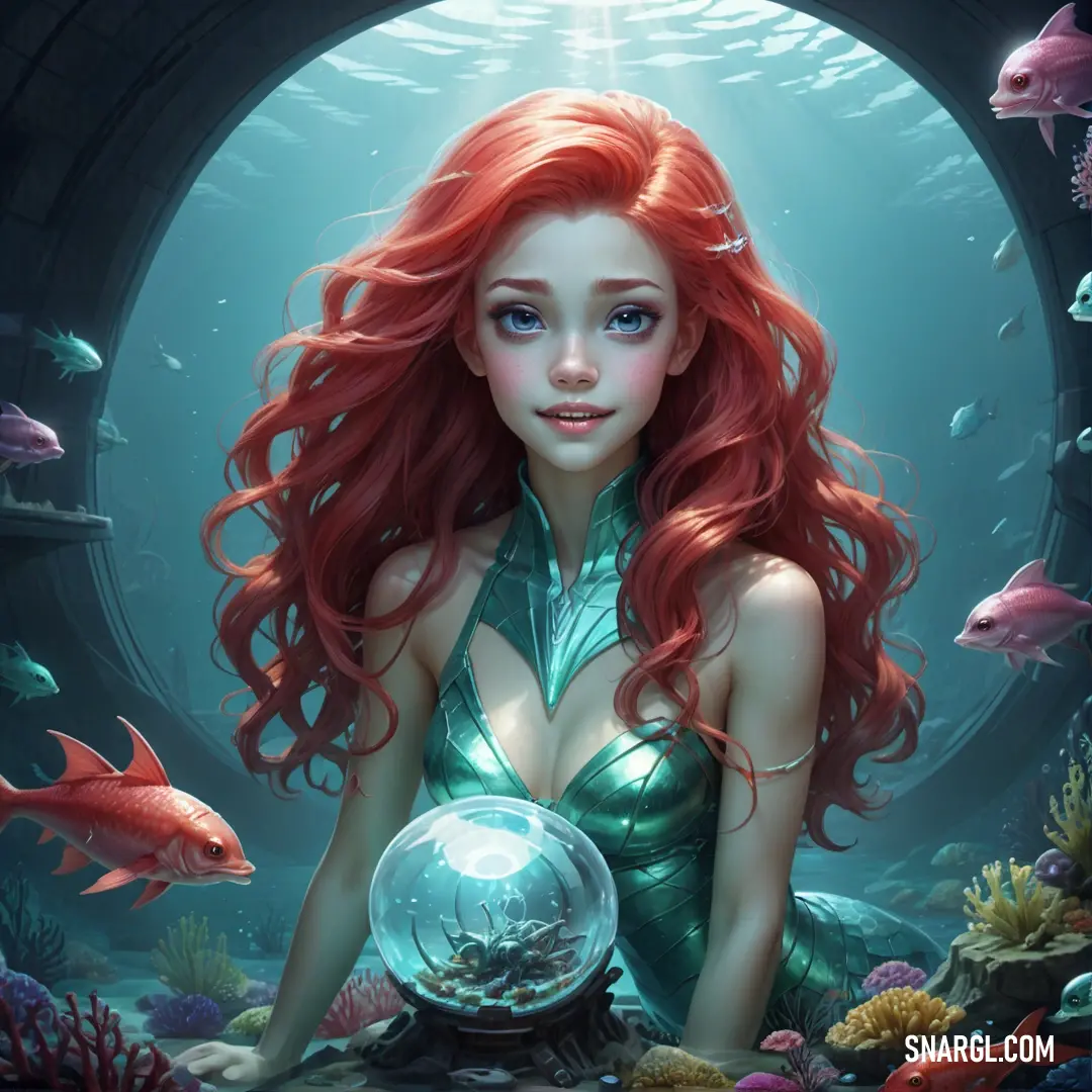 Beautiful red haired mermaid holding a crystal ball in a underwater scene with fish and corals around her. Example of RGB 171,73,56 color.