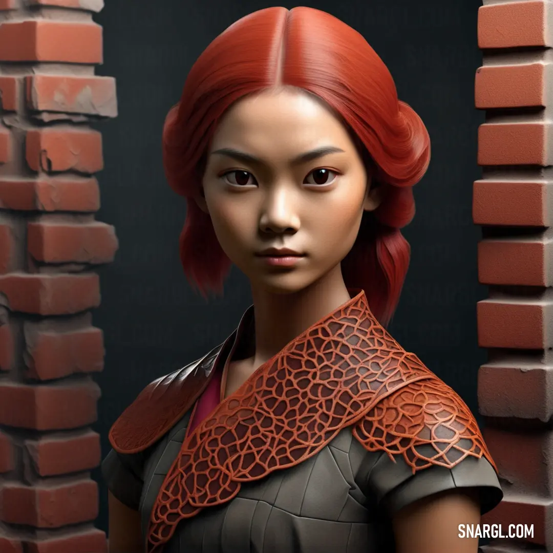 PANTONE 7608 color. Woman with red hair and a leather collar standing in front of a brick wall