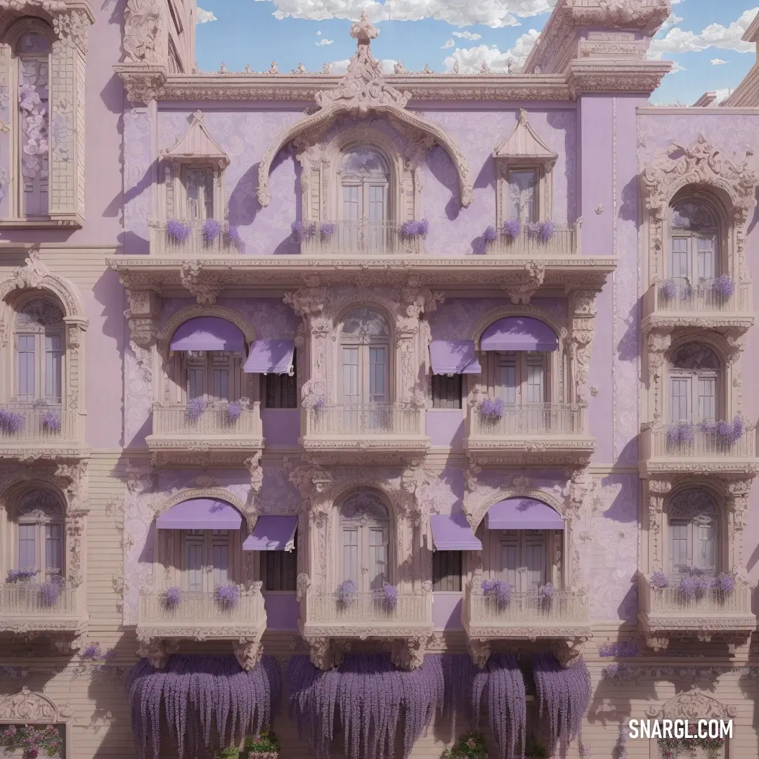 Large building with purple flowers on the windows and a clock on the side of it. Example of PANTONE 7611 color.