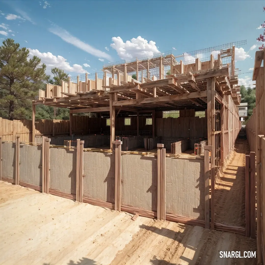 Wooden structure with a fence and a wooden ramp on the side of it with a sky background. Color RGB 228,196,184.