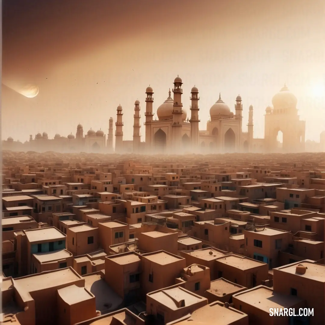 Large group of buildings in a desert area with a sky background. Example of #D0A392 color.
