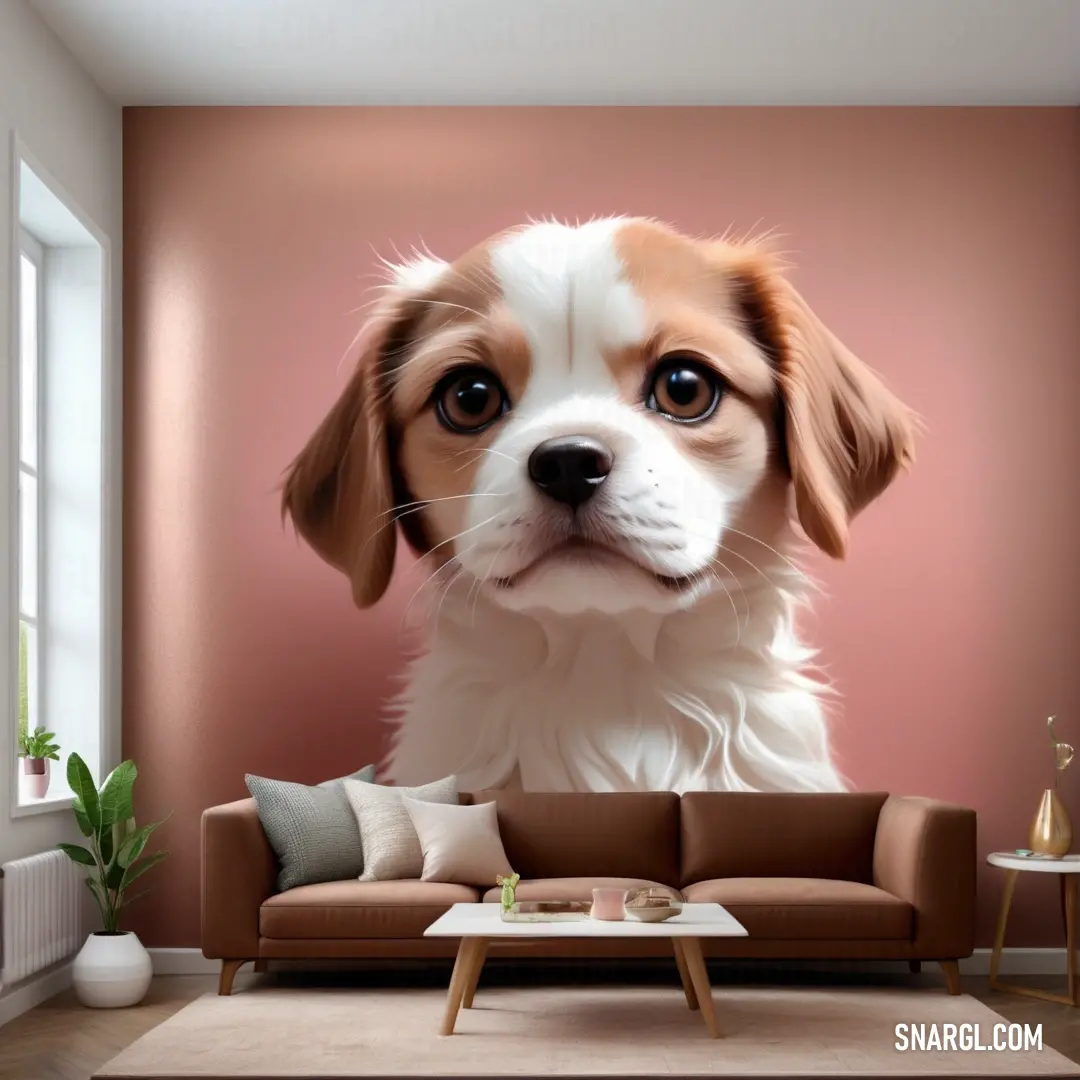 Dog is on a couch in a living room with a pink wall and a brown. Example of #C18F7E color.