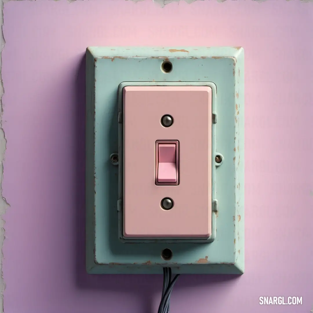 Light switch with a pink and blue cover on a purple wall with a black cord in the middle. Color CMYK 21,47,46,0.