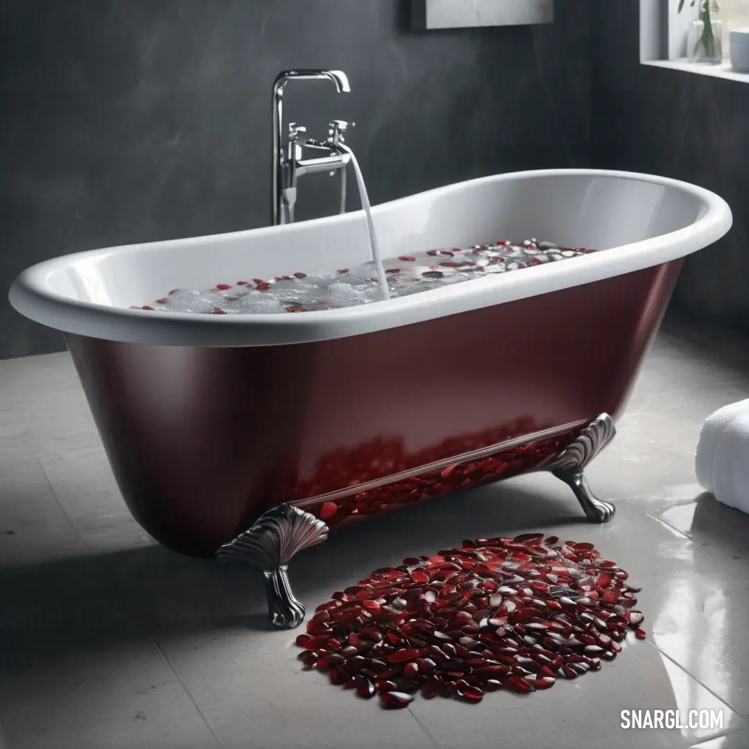 PANTONE 7617 color example: Bathtub with red pebbles in it and a rug on the floor next to it in a bathroom