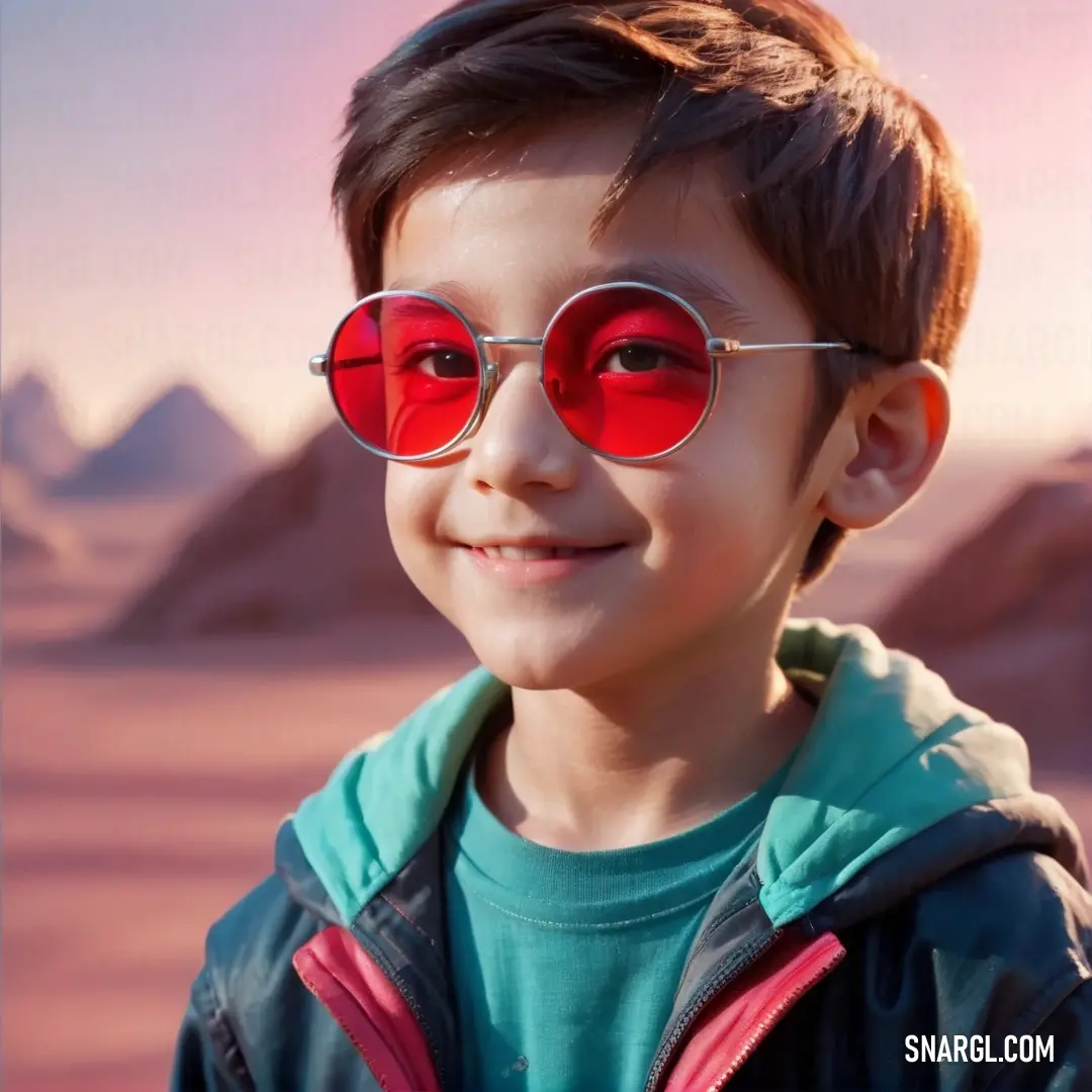 PANTONE 7617 color. Young boy wearing red sunglasses and a green shirt with mountains in the background