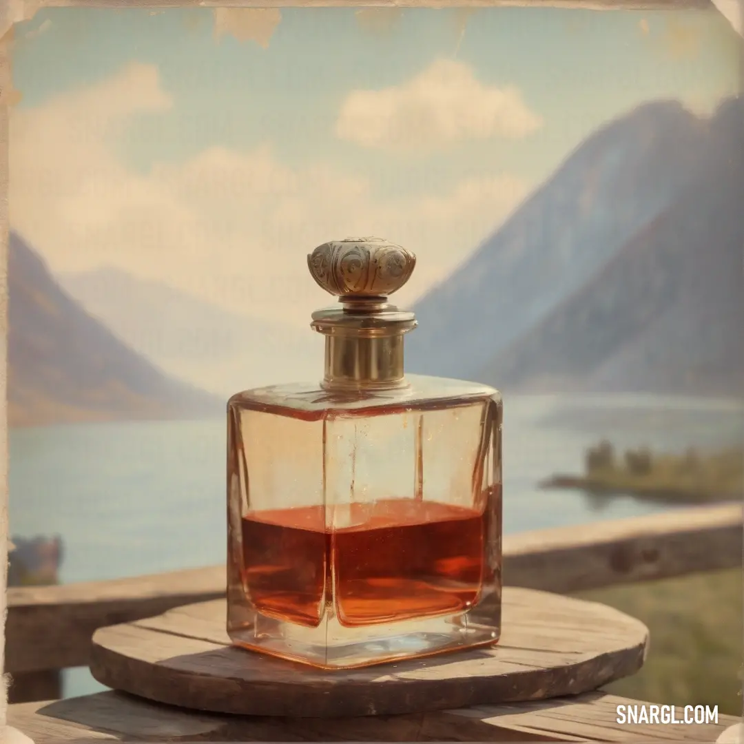 Bottle of whiskey on a wooden table with a view of mountains and a lake in the background. Color CMYK 12,63,72,0.