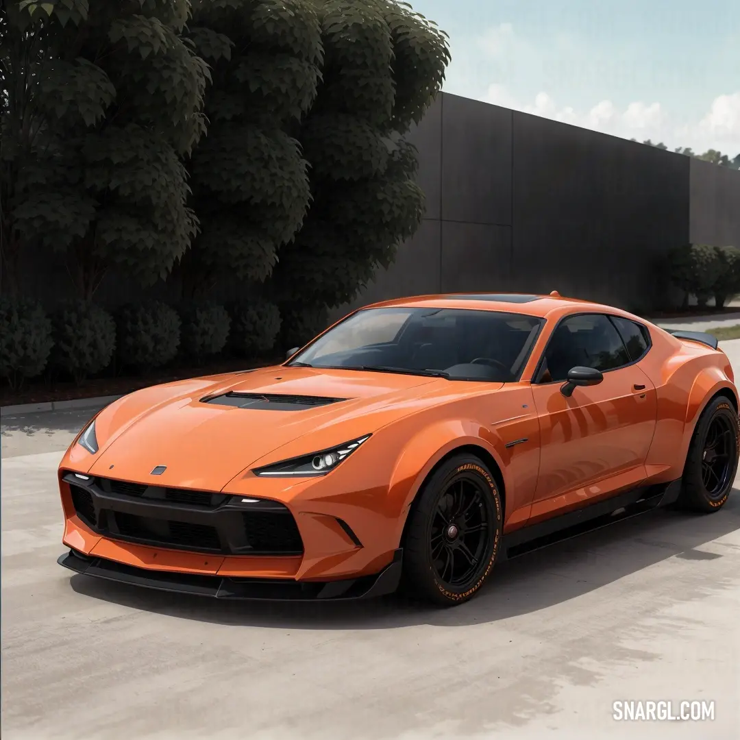 PANTONE 290 color example: Bright orange sports car parked in a parking lot next to a tree and a building with a sign