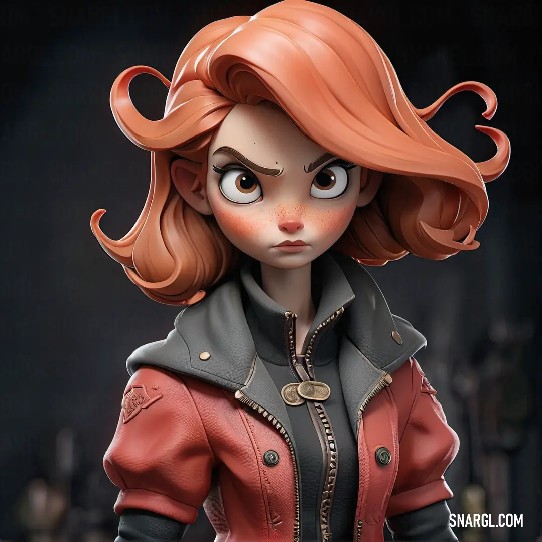 Cartoon character with red hair and a red jacket on. Example of CMYK 50,30,40,90 color.