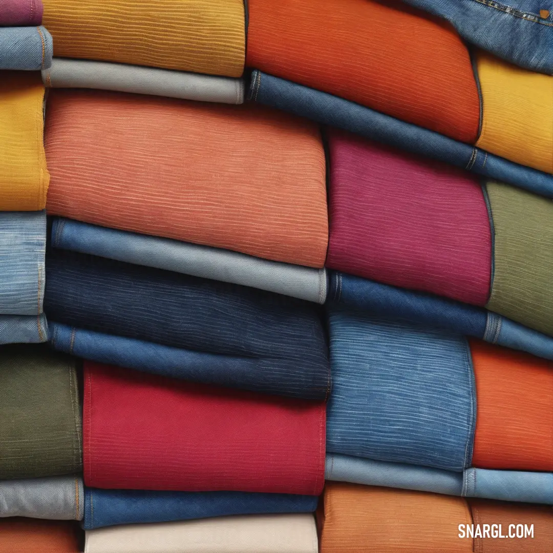Pile of folded clothes on top of each other on a table next to a wall of folded clothes. Color PANTONE 7618.