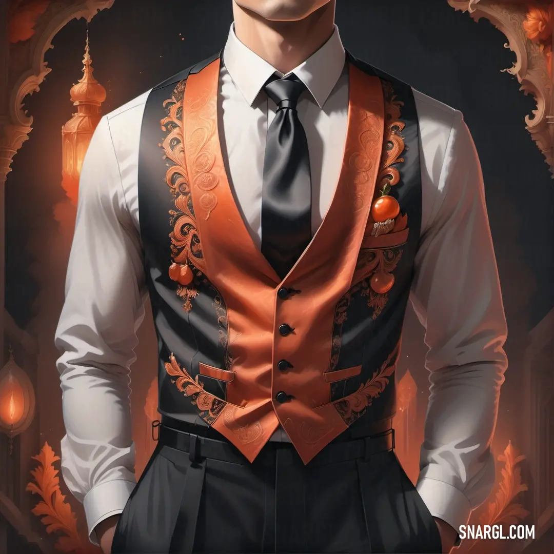 PANTONE 7619 color example: Man wearing a vest and tie with a black and orange design on it's chest