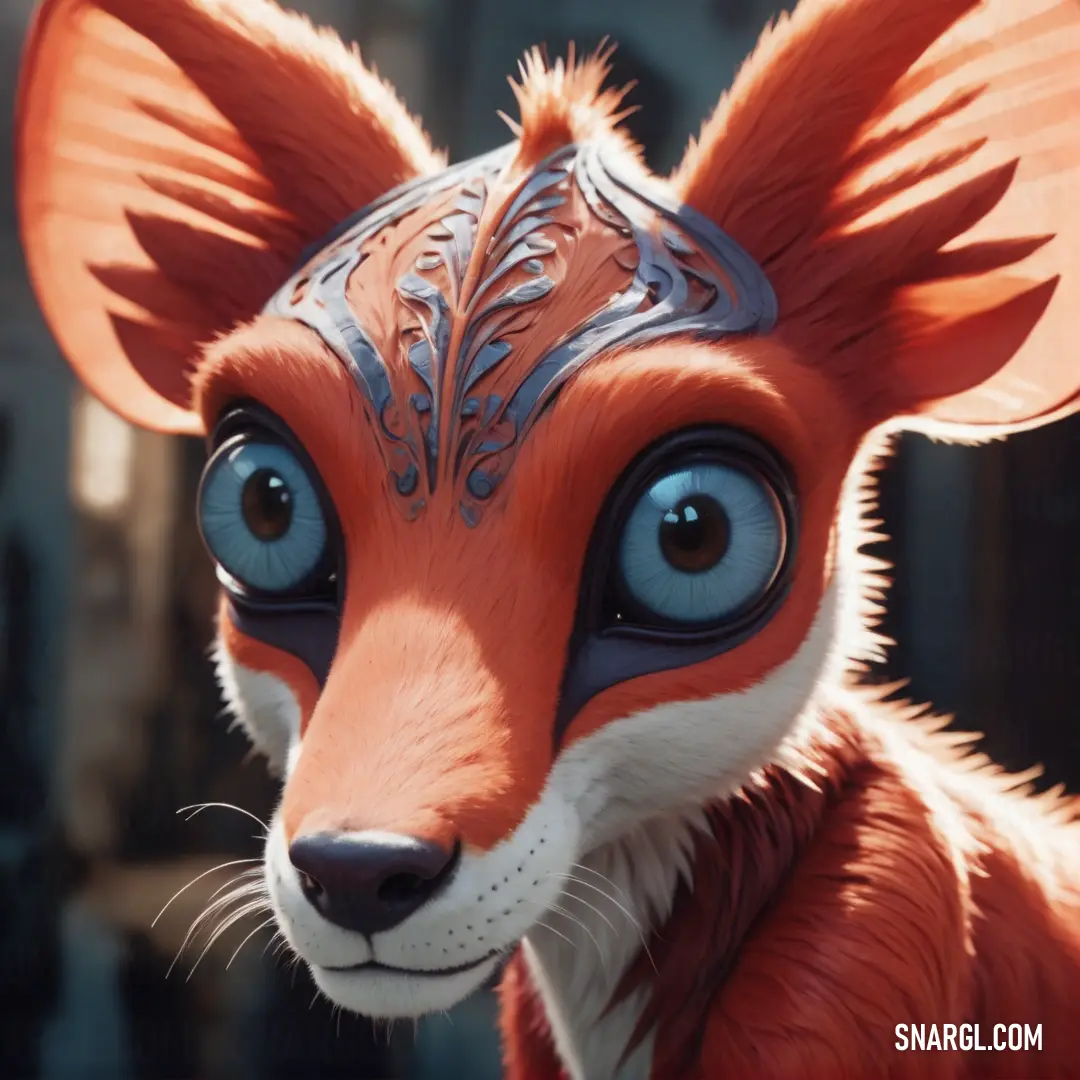 PANTONE 7619 color example: Close up of a fox with blue eyes and a headband on it's head and a building in the background