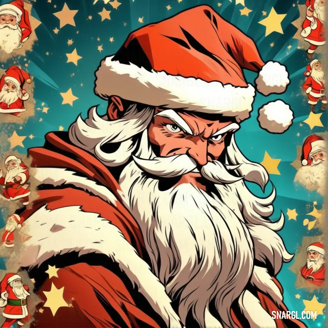 Santa claus with many stars and a beard on a blue background. Example of PANTONE 7619 color.