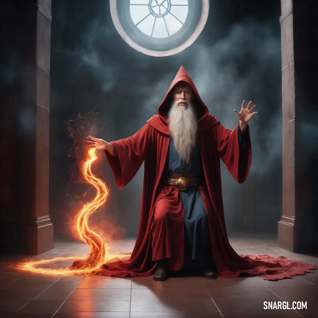 Wizard with a long white beard and a red robe is in a dark room with a fire. Example of PANTONE 7620 color.