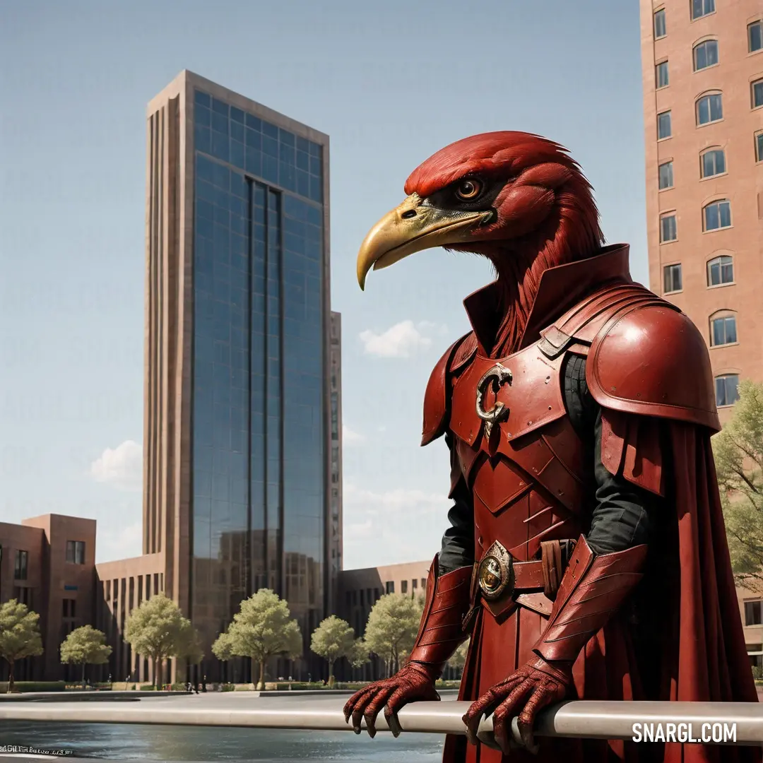 PANTONE 7620 color. Statue of a bird wearing a red cape and a red cape with a yellow beak stands in front of a cityscape