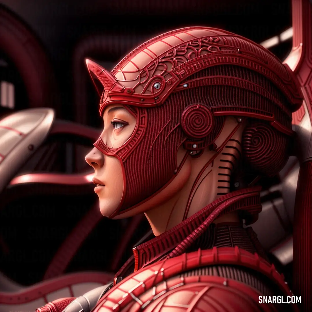 Woman in a red costume with a futuristic helmet and a sci - fi, Clint Cearley. Color PANTONE 7620.