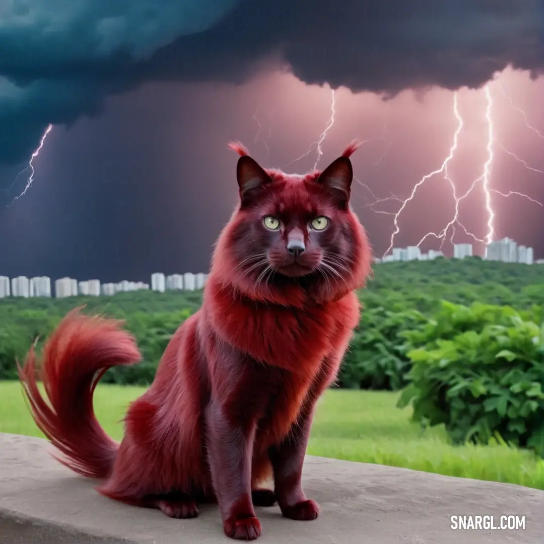 Cat on a ledge with a lightning in the background. Example of PANTONE 7622 color.
