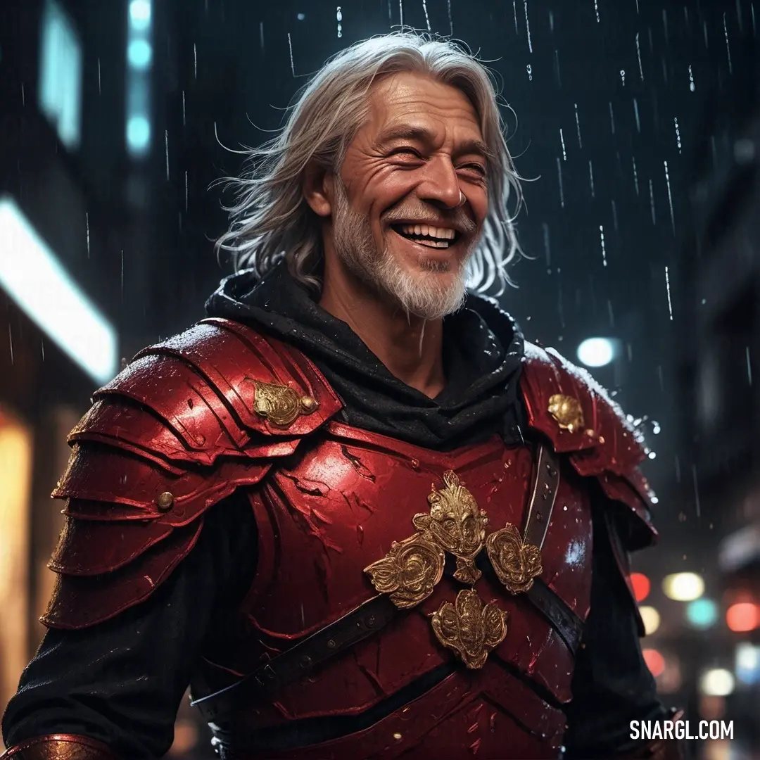 Man in a red armor smiles in the rain in a city at night with a street light in the background. Example of #9D302B color.