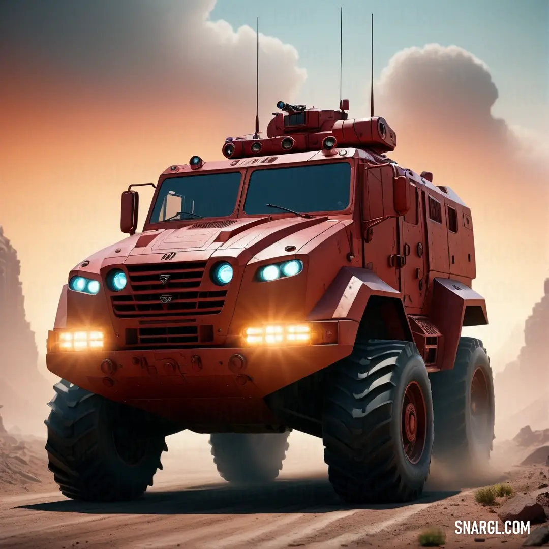 Red armored vehicle driving through a desert landscape at sunset or dawn with clouds in the background. Example of PANTONE 7622 color.
