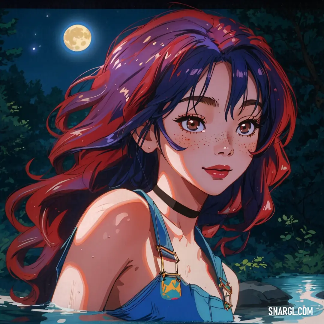 #912D29 example: Girl with red hair and blue eyes is in the water with a moon in the background and trees