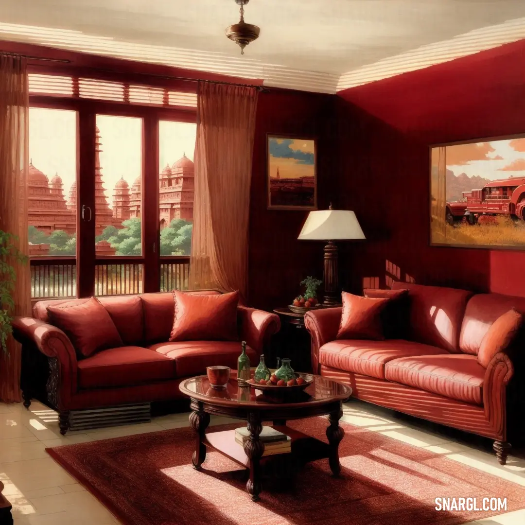 Living room with red walls and a painting on the wall above the couches and a coffee table. Example of #912D29 color.