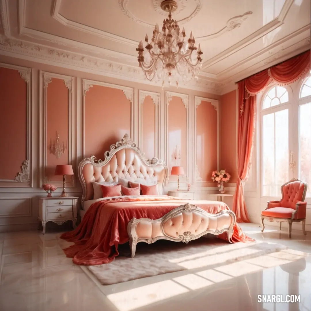 Bedroom with a bed, chandelier and a window with curtains and a chandelier. Color PANTONE 7624.