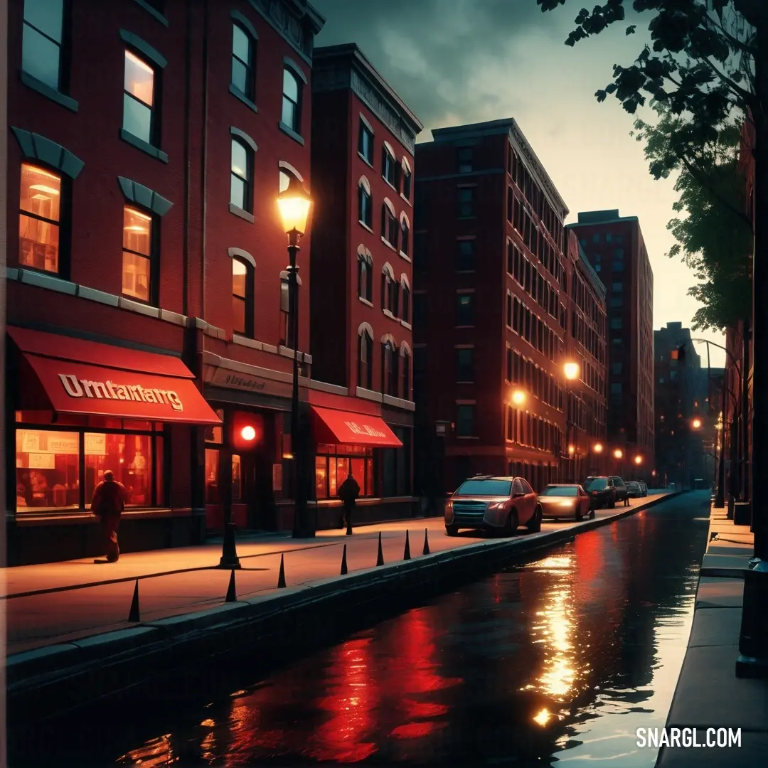 City street with a river running between two buildings at night time with a few cars parked on the side of the street