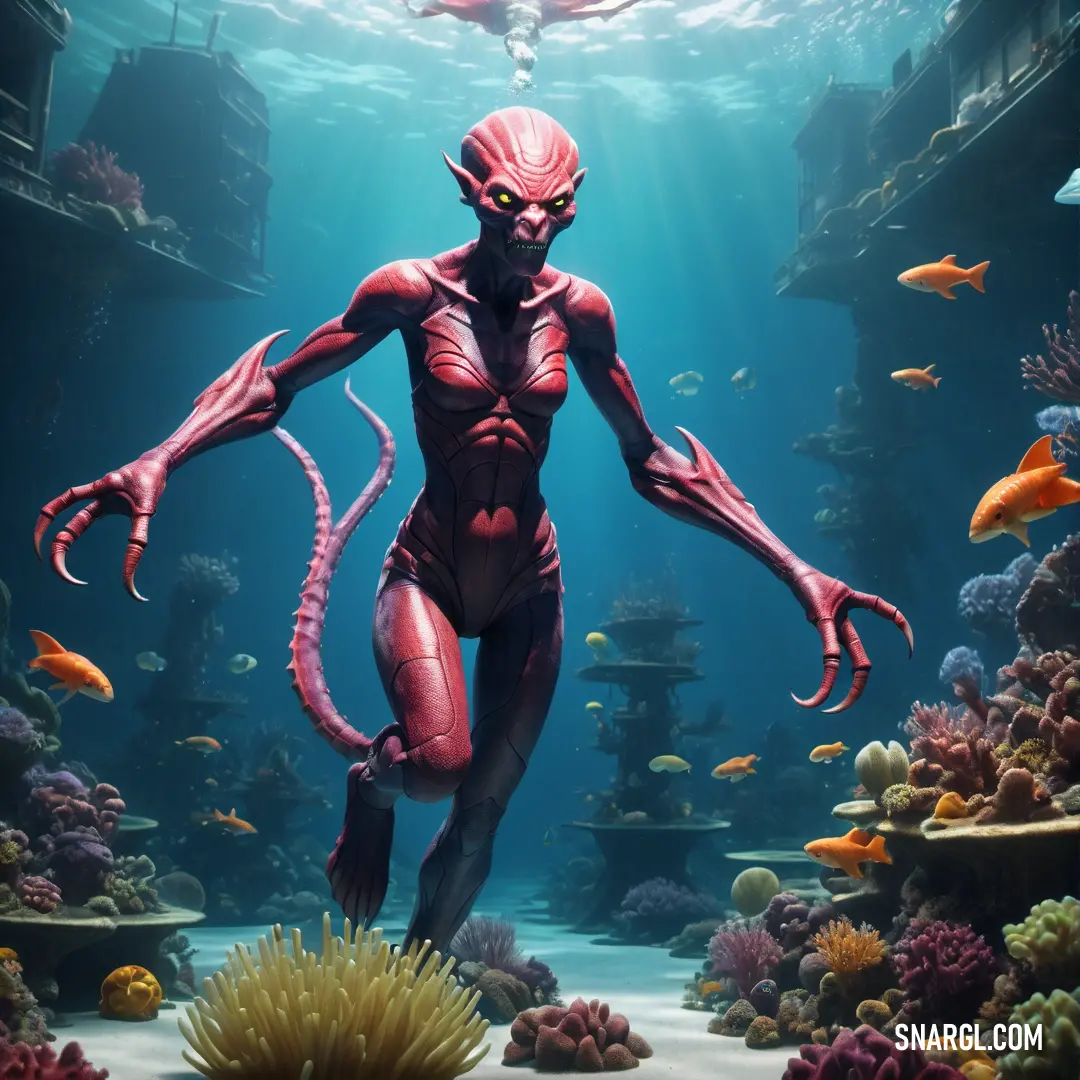Man in a red suit is in a coral reef with an octopus in his hand and a fish in his mouth. Example of RGB 131,41,38 color.