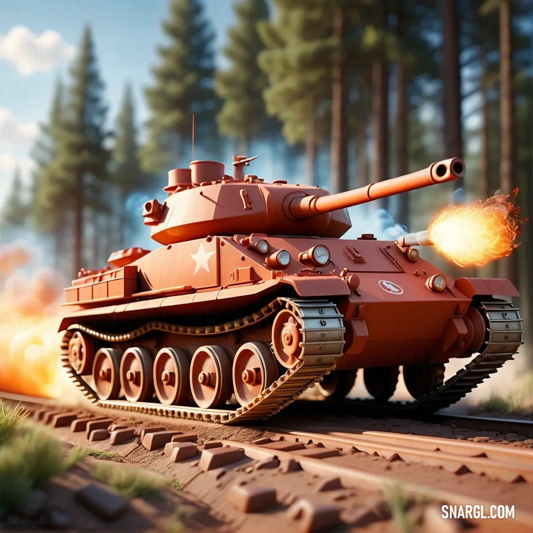 PANTONE 7624 color. Toy tank with a rocket coming out of it's top on a track in the woods with trees in the background